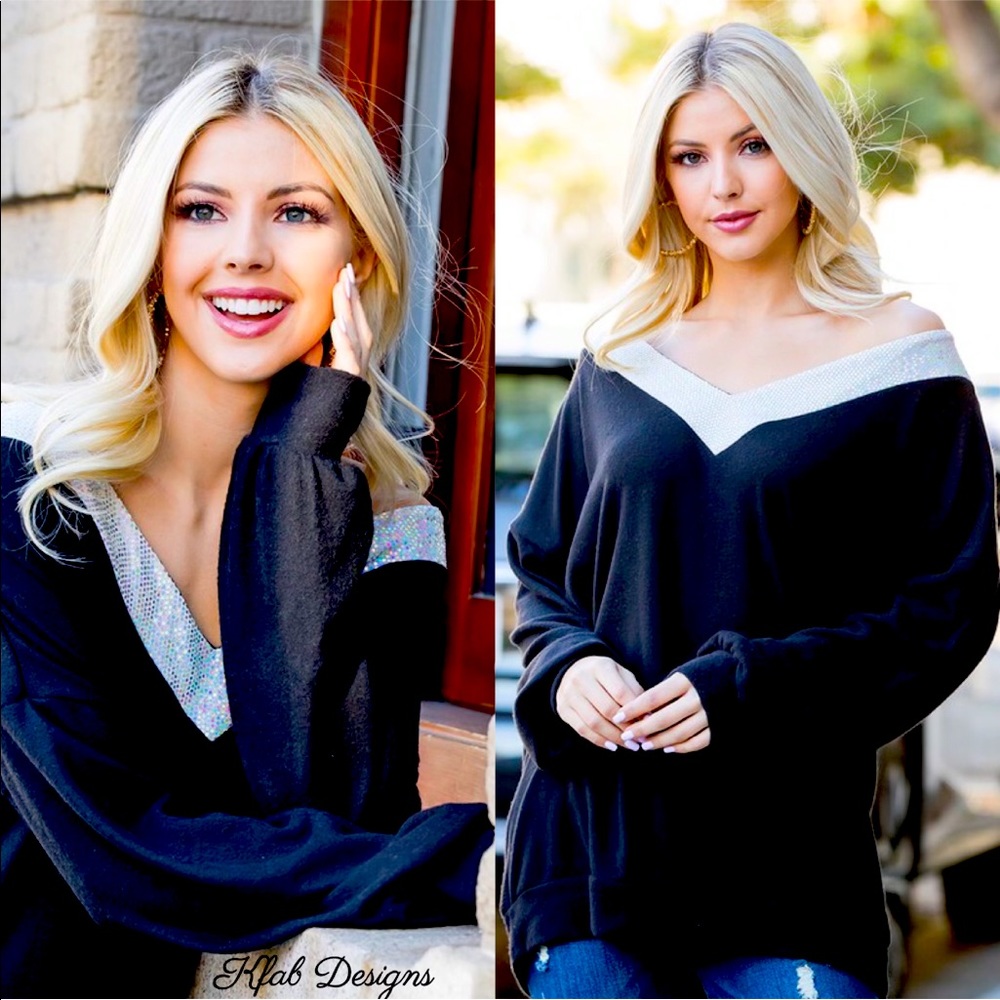 B33🔥Stunning black v-back-also off shoulder option- w/silver sequin trim@top🔥